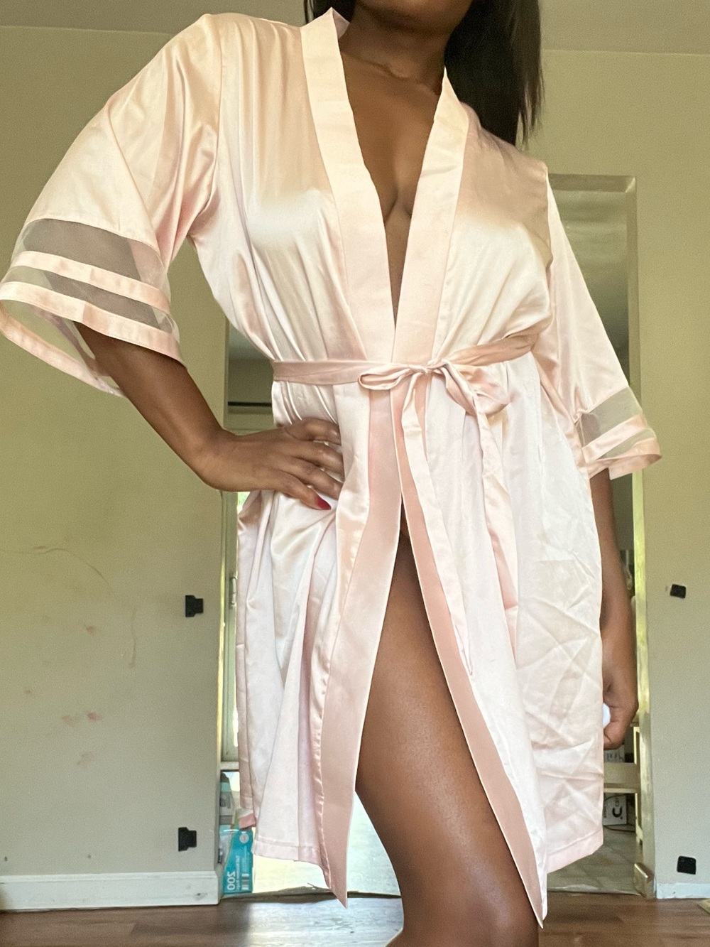 Ekouaer Blush Pink Satin Robe Sheer Stripe Sleeve Belted Kimono Size S